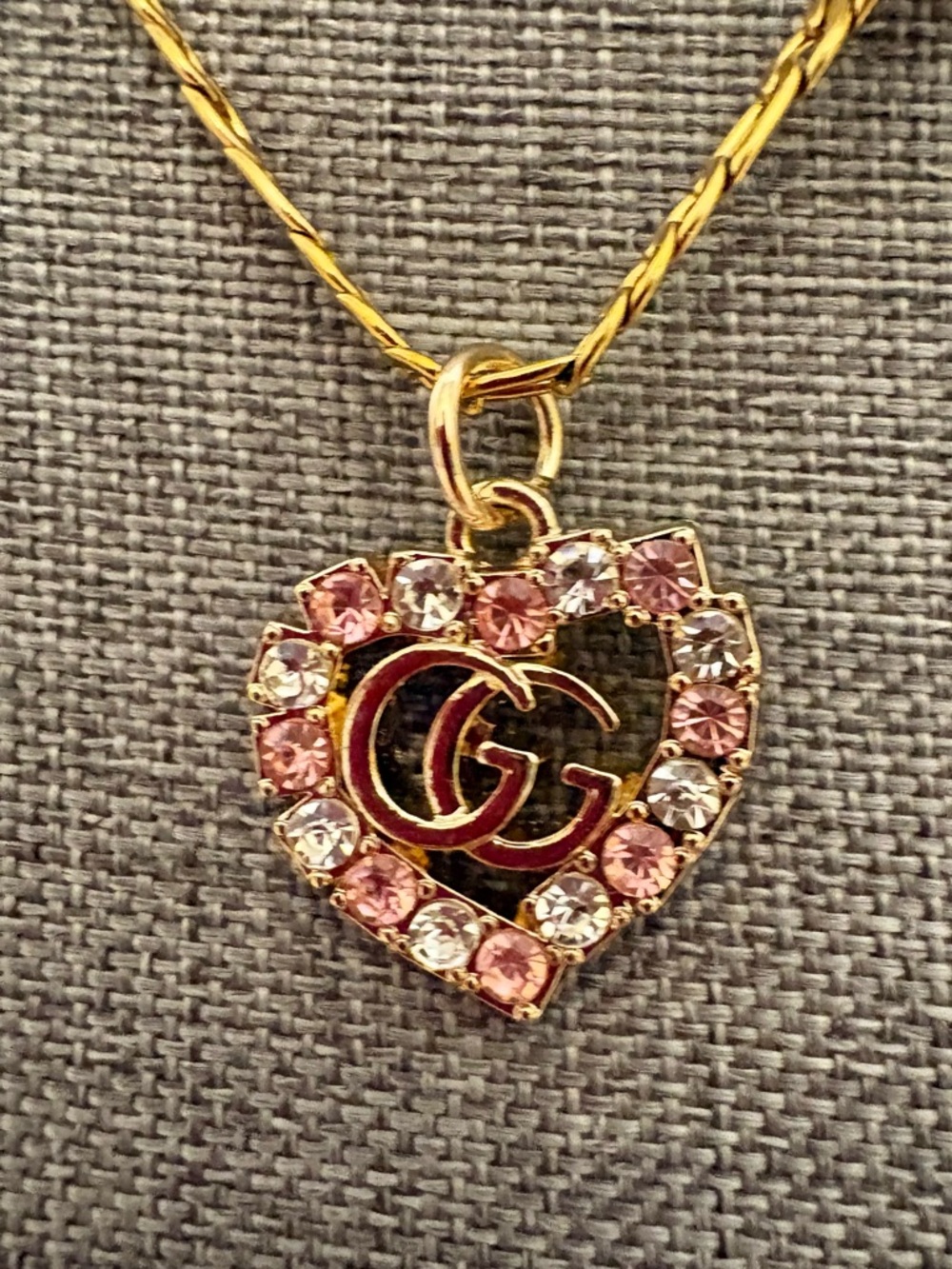 Authentic Gucci Heart charm with pink crystals on 18 karat gold plated 17" chain - Picture 3 of 7